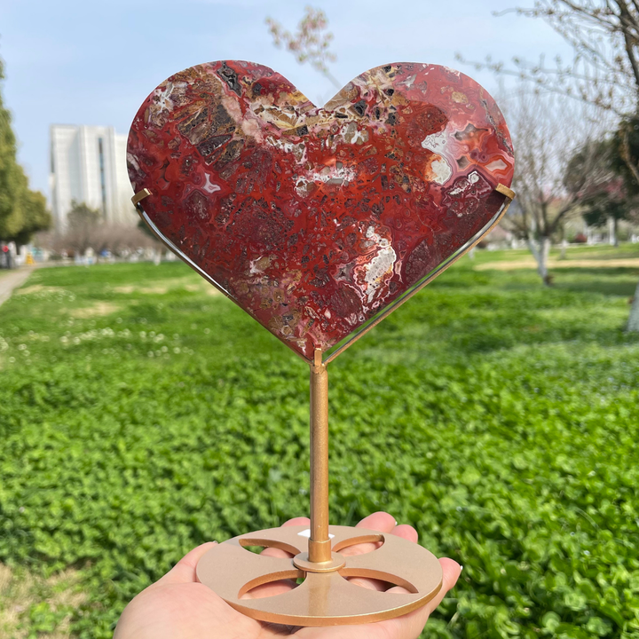 Unique,Natural Mexican Agate Crystal Heart On Stand