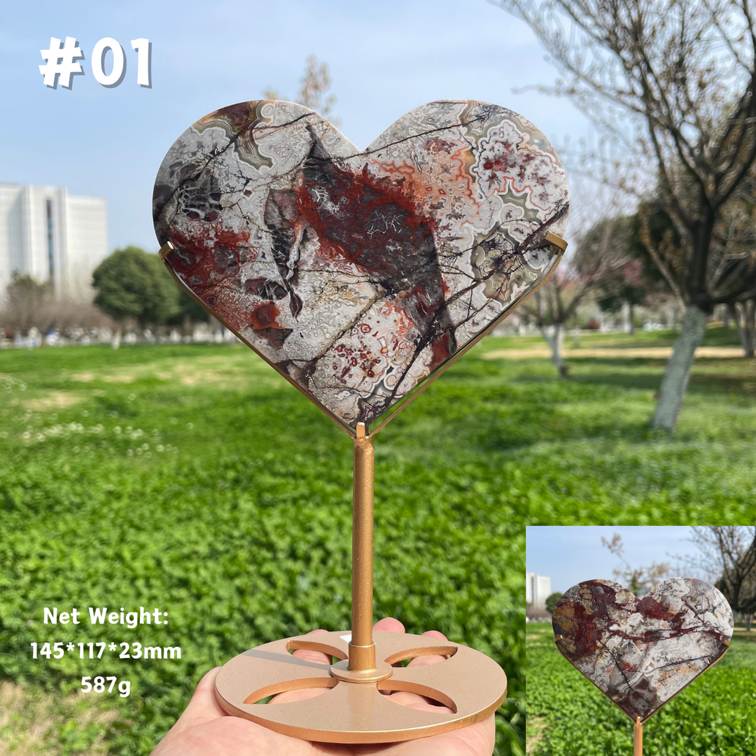 Unique,Natural Mexican Agate Crystal Heart On Stand