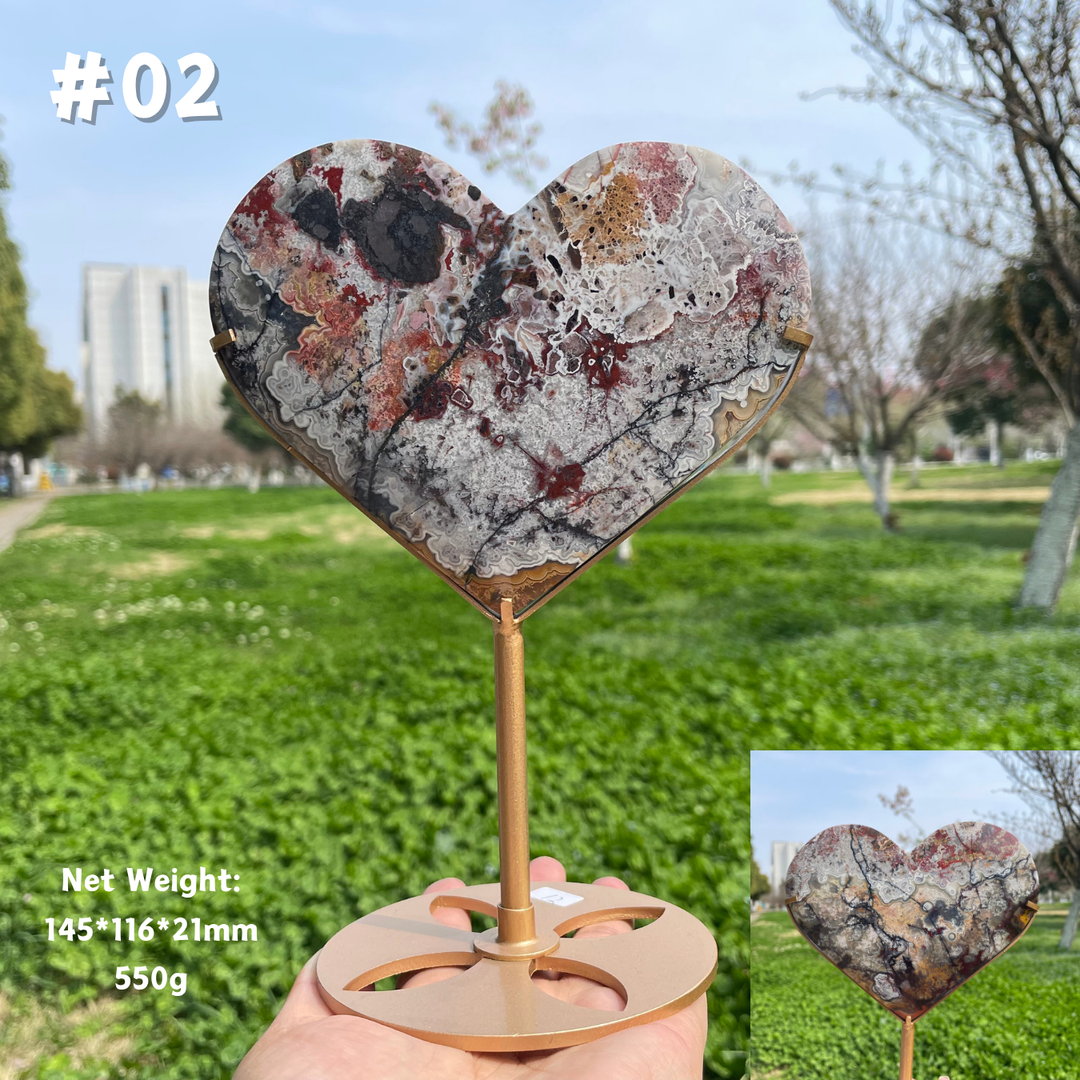 Unique,Natural Mexican Agate Crystal Heart On Stand