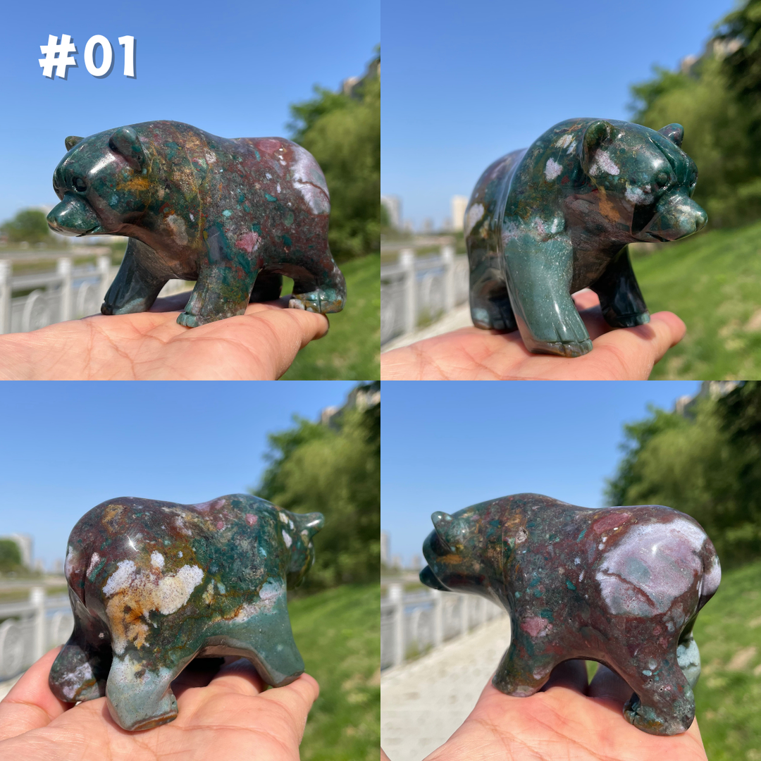Unique, Natural Ocean Jasper Crystal Bear Carving