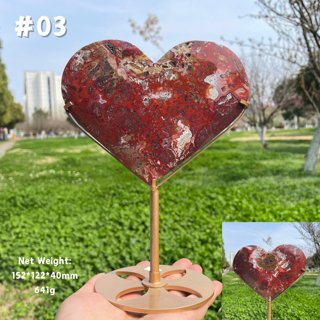 Unique,Natural Mexican Agate Crystal Heart On Stand