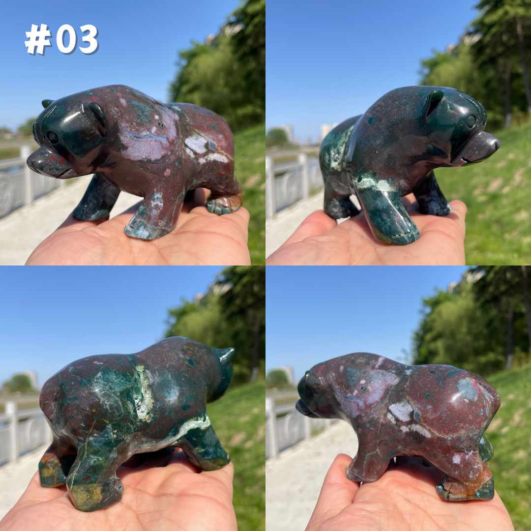 Unique, Natural Ocean Jasper Crystal Bear Carving