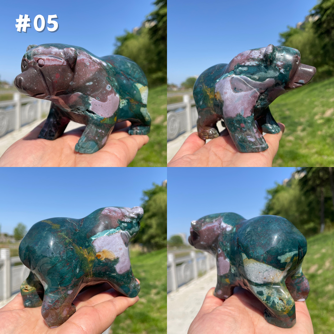 Unique, Natural Ocean Jasper Crystal Bear Carving
