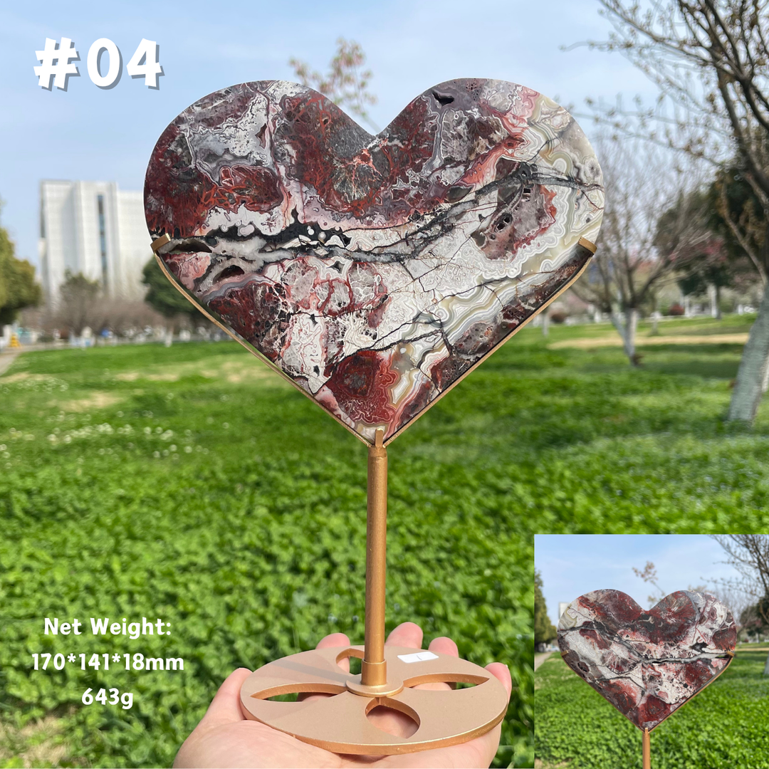 Unique,Natural Mexican Agate Crystal Heart On Stand