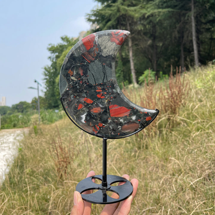 Unique,Natural Crystal African Bloodstone Moon With Stand