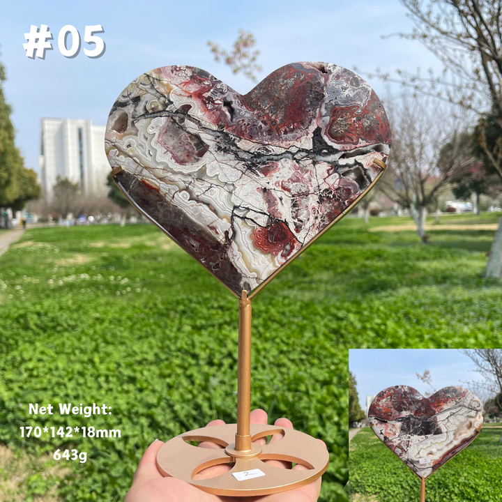Unique,Natural Mexican Agate Crystal Heart On Stand
