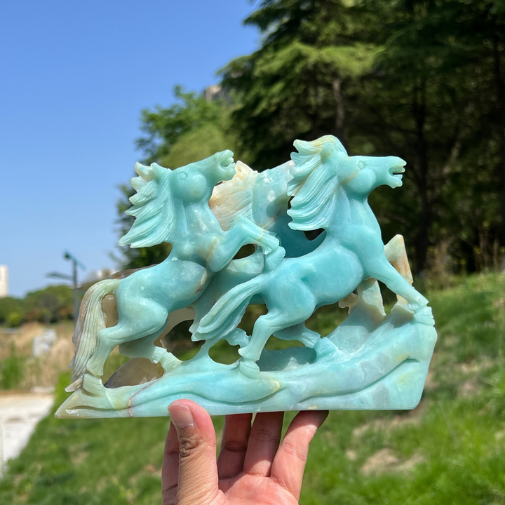 Unique,Natural Blue Quartzite Double Horse Carving