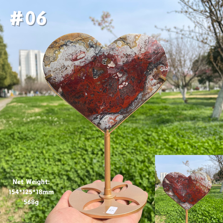 Unique,Natural Mexican Agate Crystal Heart On Stand