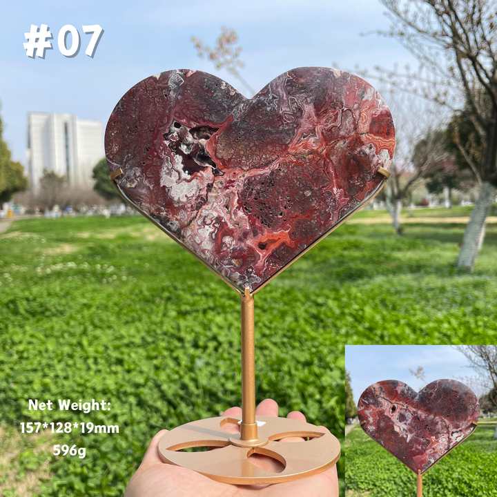 Unique,Natural Mexican Agate Crystal Heart On Stand