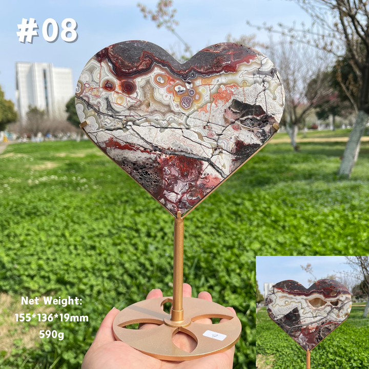 Unique,Natural Mexican Agate Crystal Heart On Stand