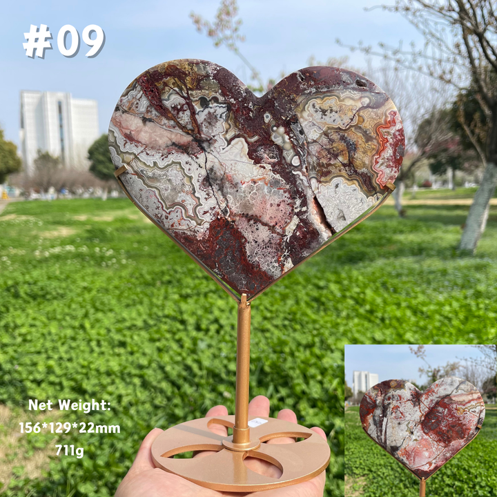 Unique,Natural Mexican Agate Crystal Heart On Stand