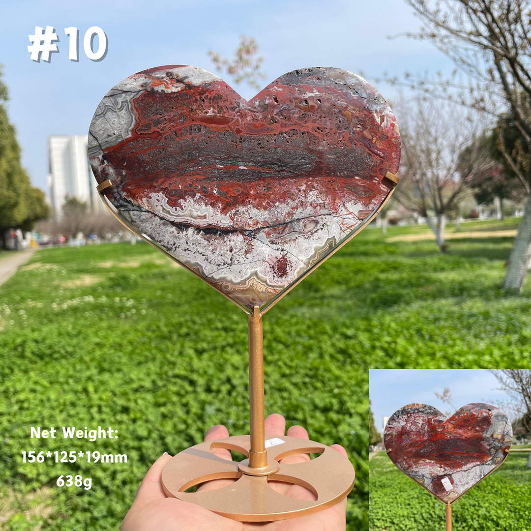Unique,Natural Mexican Agate Crystal Heart On Stand