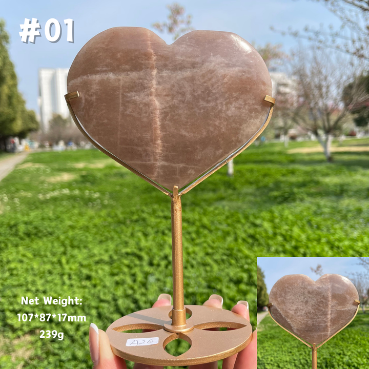 Unique,Natural Peach Moonstone Crystal Heart On Stand