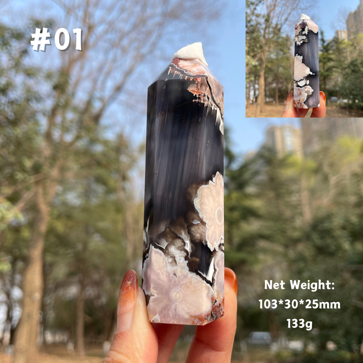 Unique,Natural Crystal Black Flower Agate Point