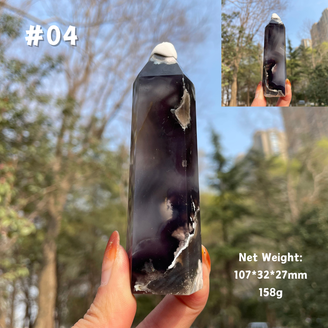 Unique,Natural Crystal Black Flower Agate Point