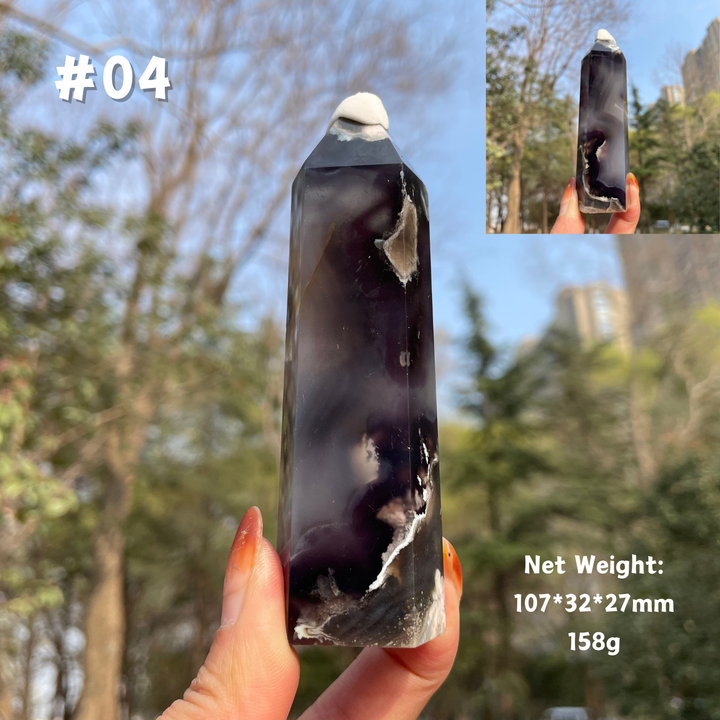 Unique,Natural Crystal Black Flower Agate Point