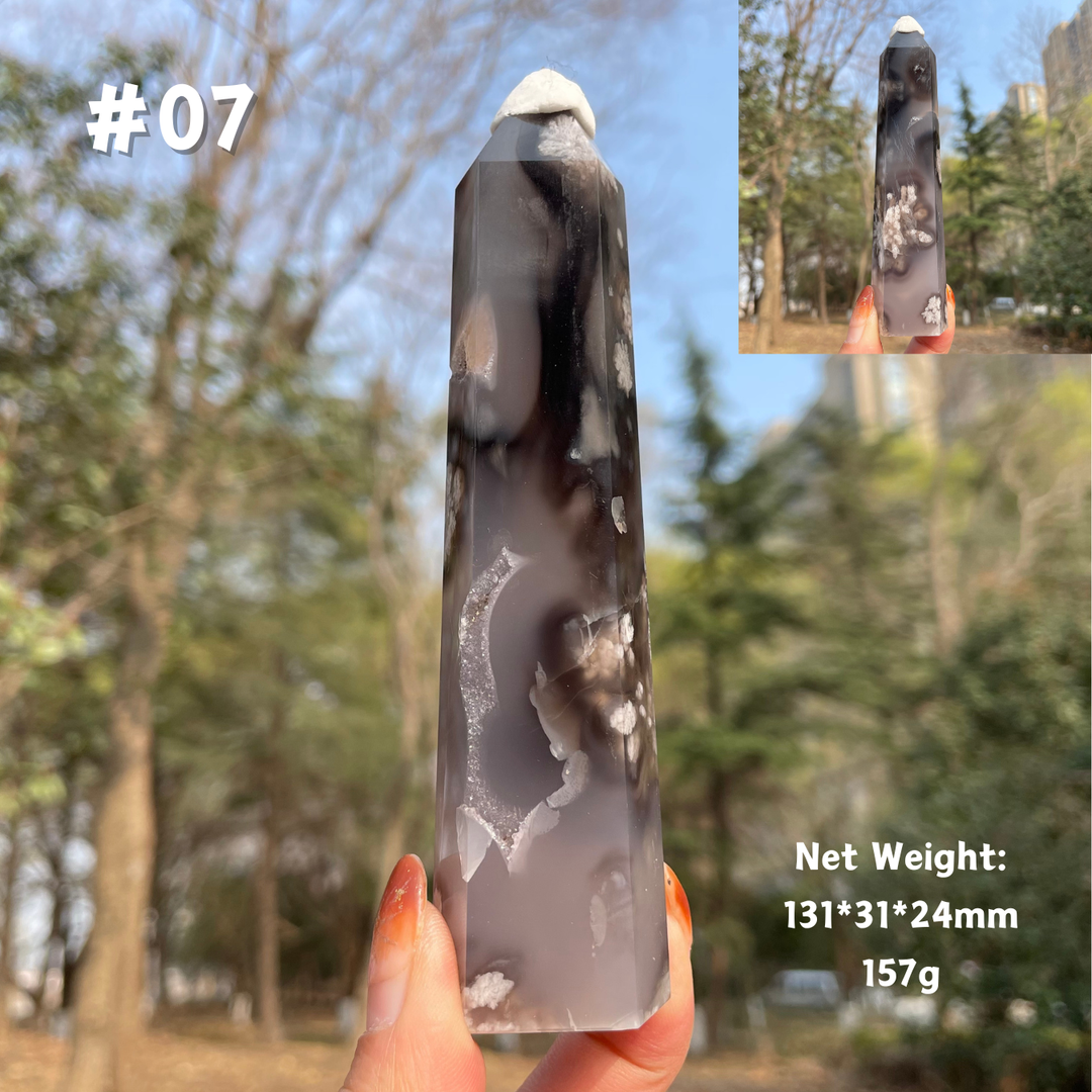 Unique,Natural Crystal Black Flower Agate Point