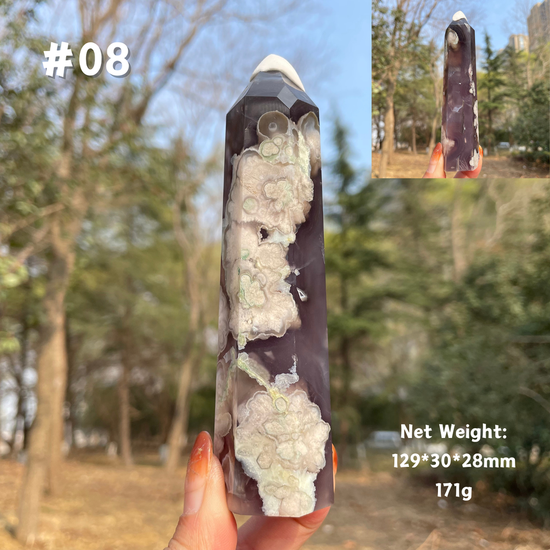 Unique,Natural Crystal Black Flower Agate Point