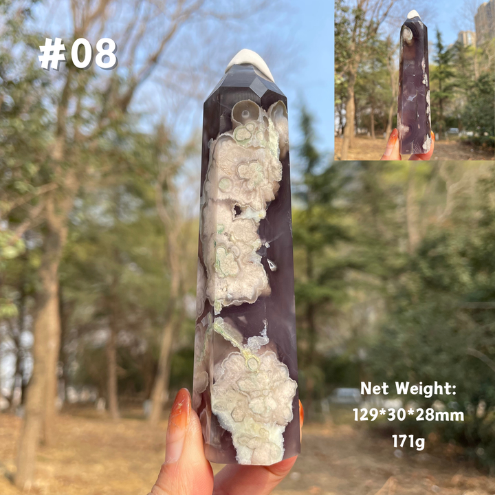 Unique,Natural Crystal Black Flower Agate Point