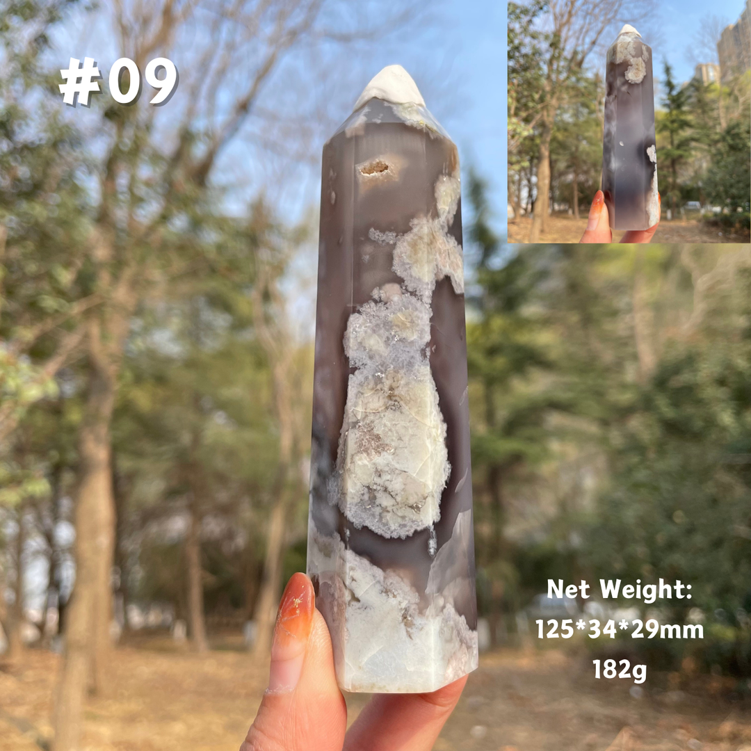 Unique,Natural Crystal Black Flower Agate Point