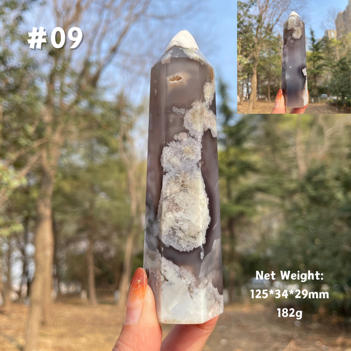 Unique,Natural Crystal Black Flower Agate Point