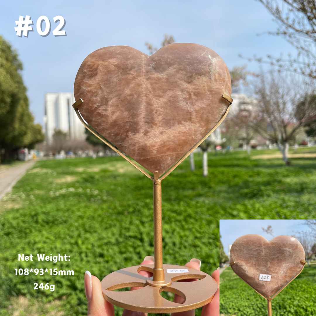 Unique,Natural Peach Moonstone Crystal Heart On Stand