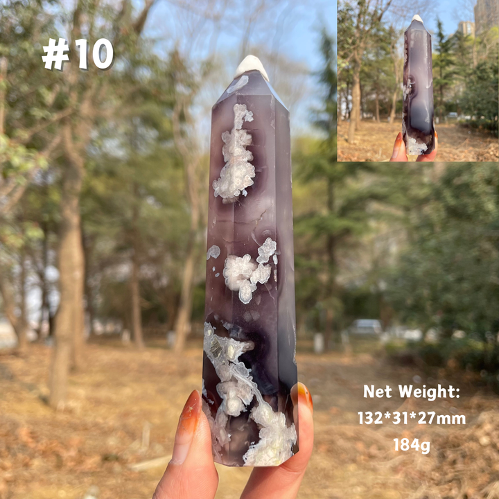 Unique,Natural Crystal Black Flower Agate Point