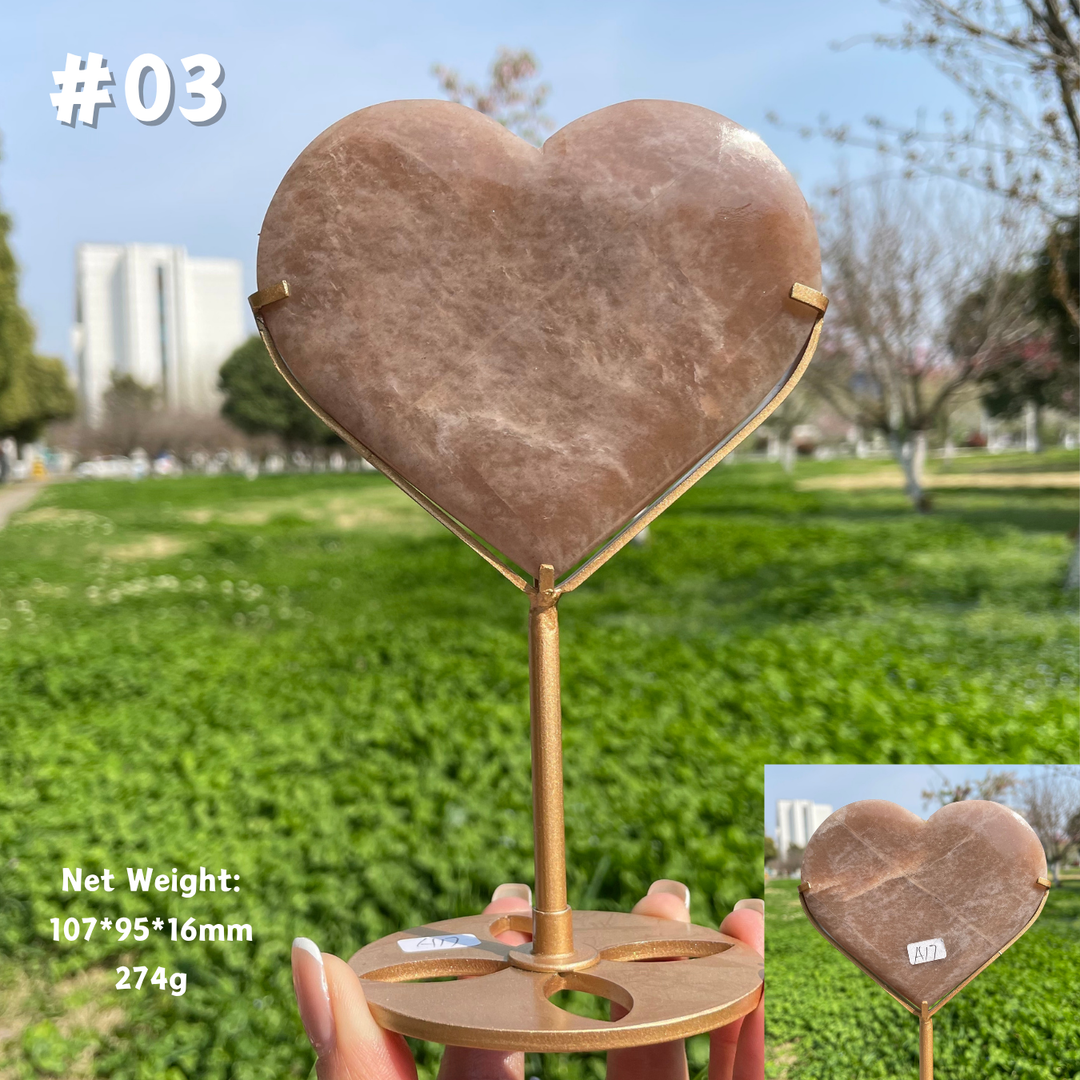 Unique,Natural Peach Moonstone Crystal Heart On Stand