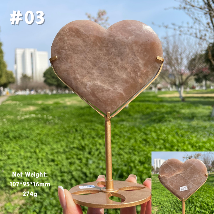 Unique,Natural Peach Moonstone Crystal Heart On Stand