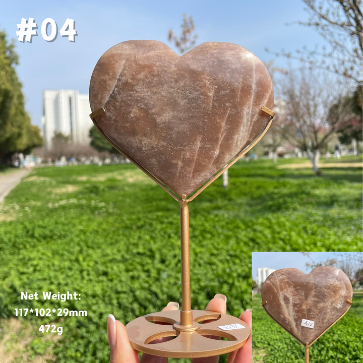 Unique,Natural Peach Moonstone Crystal Heart On Stand