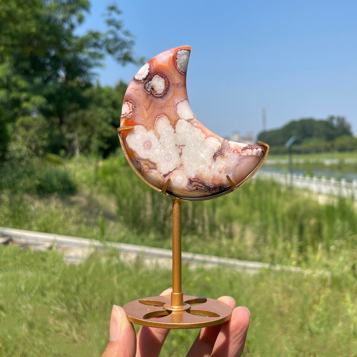 Unique,A Slightly Imperfect Natural Crystal Pink Flower Agate Moon