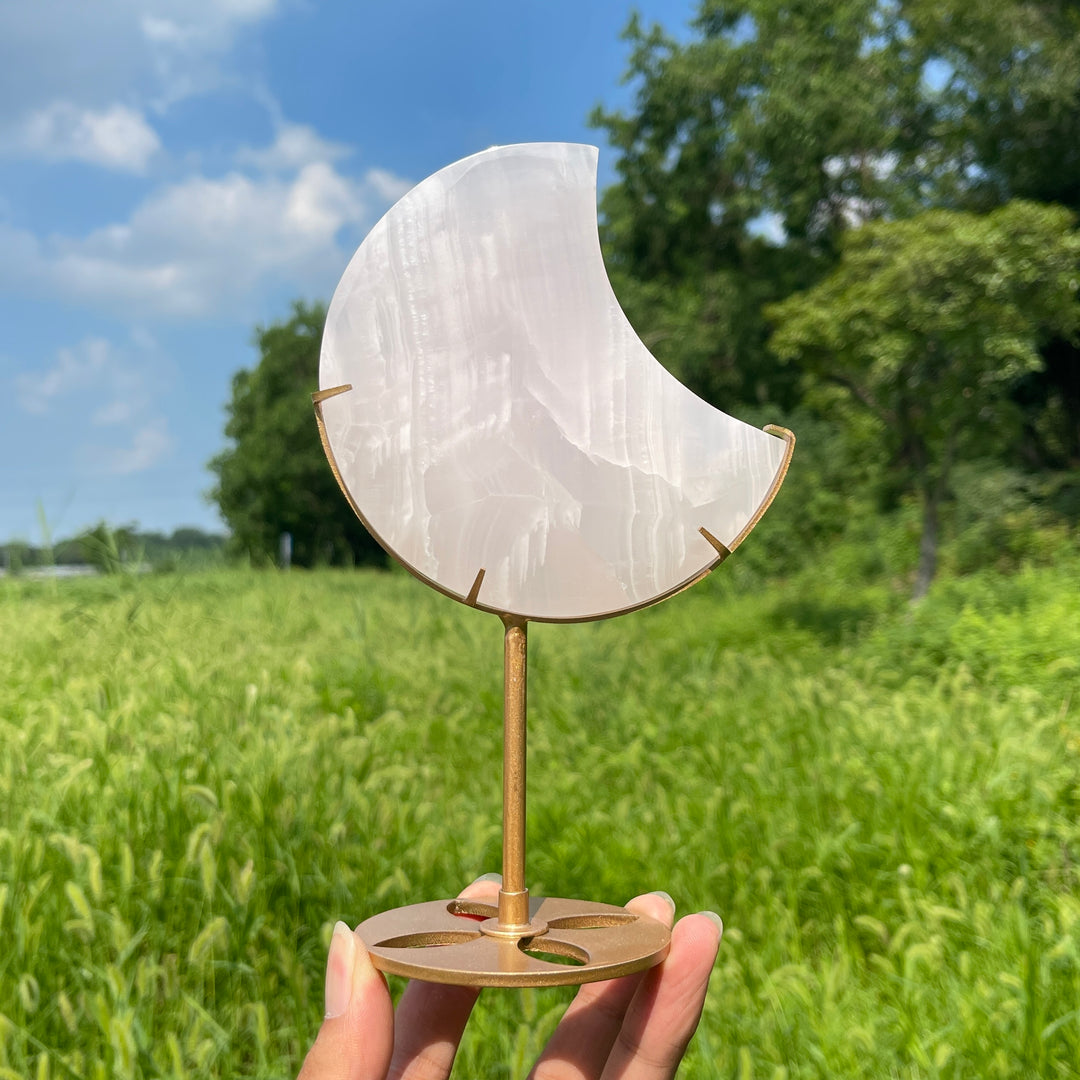 Unique,Natural Crystal Pink Calcite Moon With Stand