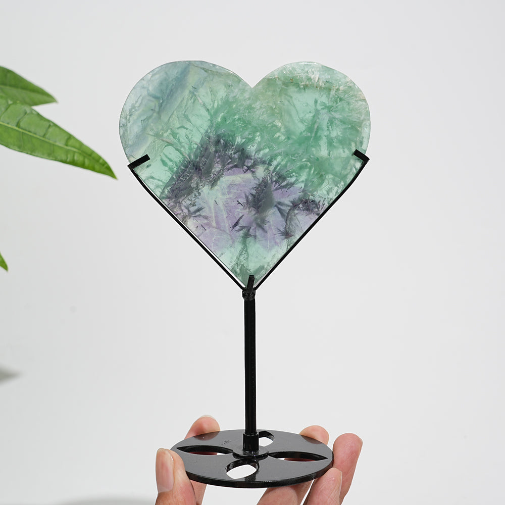 Unique,Natural Crystal Feather Fluorite Heart With Stand