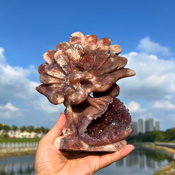 Unique,Imperfect Pink Amethyst Peacock Carving