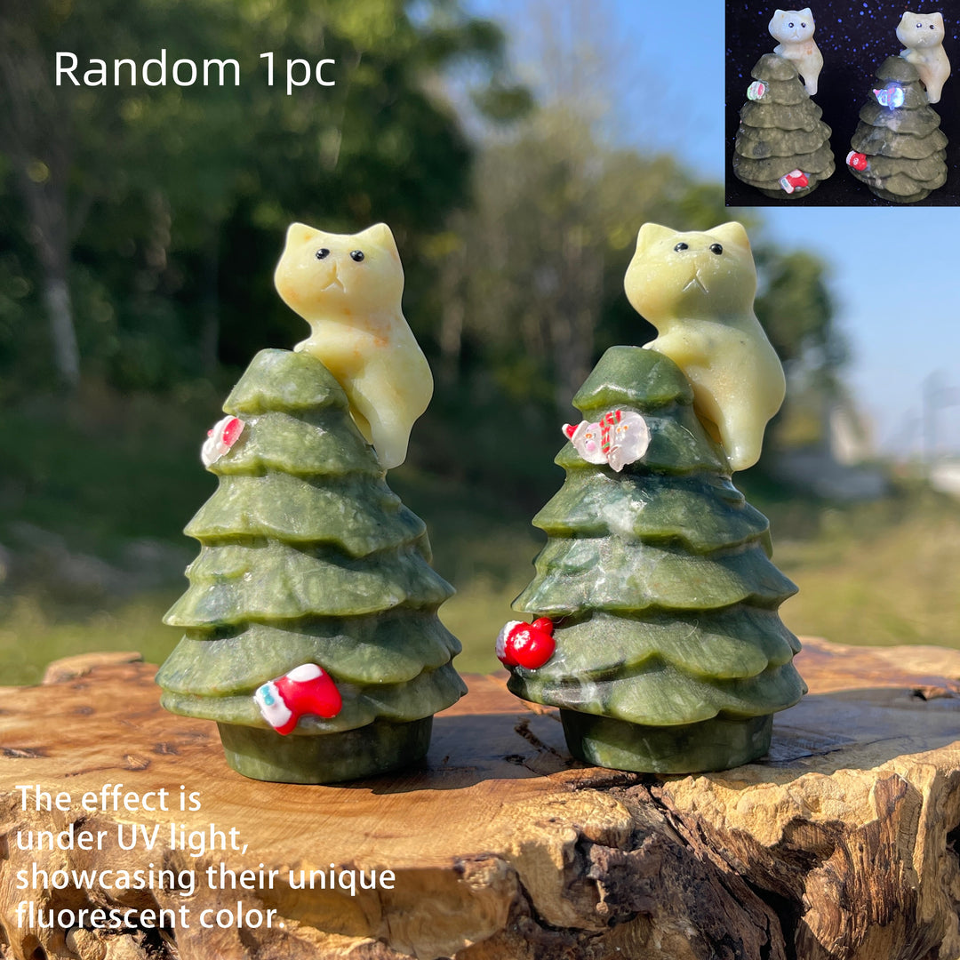 Natural Crystal Carving Cat With Christmas Tree