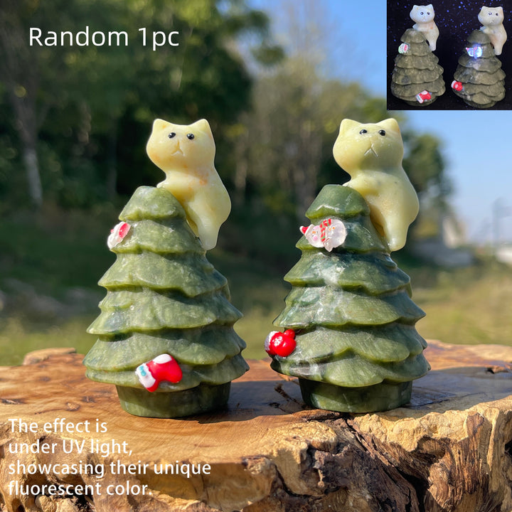 Natural Crystal Carving Cat With Christmas Tree