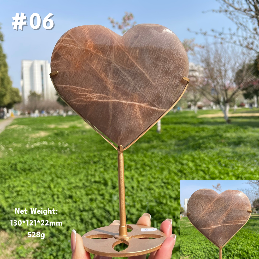 Unique,Natural Peach Moonstone Crystal Heart On Stand