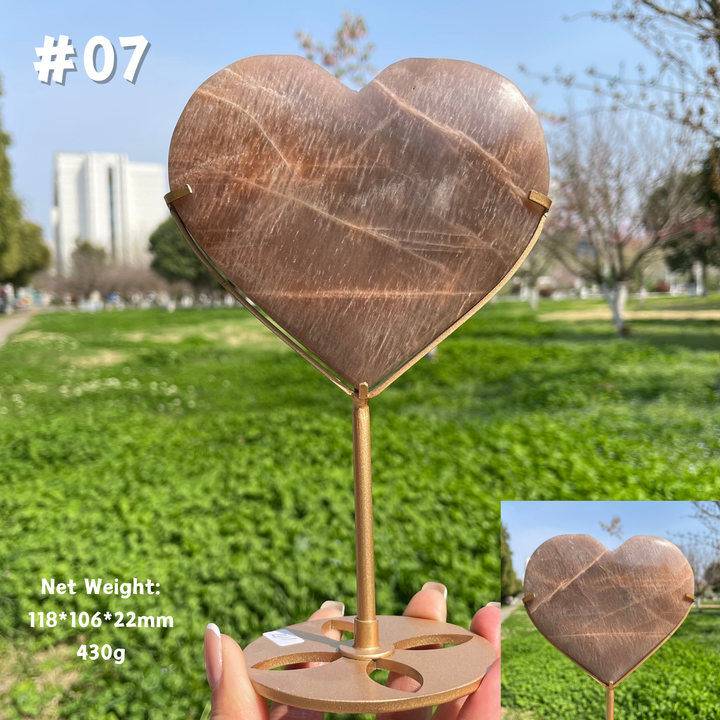 Unique,Natural Peach Moonstone Crystal Heart On Stand