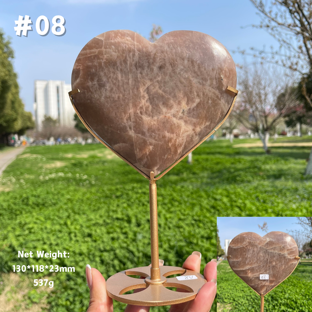 Unique,Natural Peach Moonstone Crystal Heart On Stand
