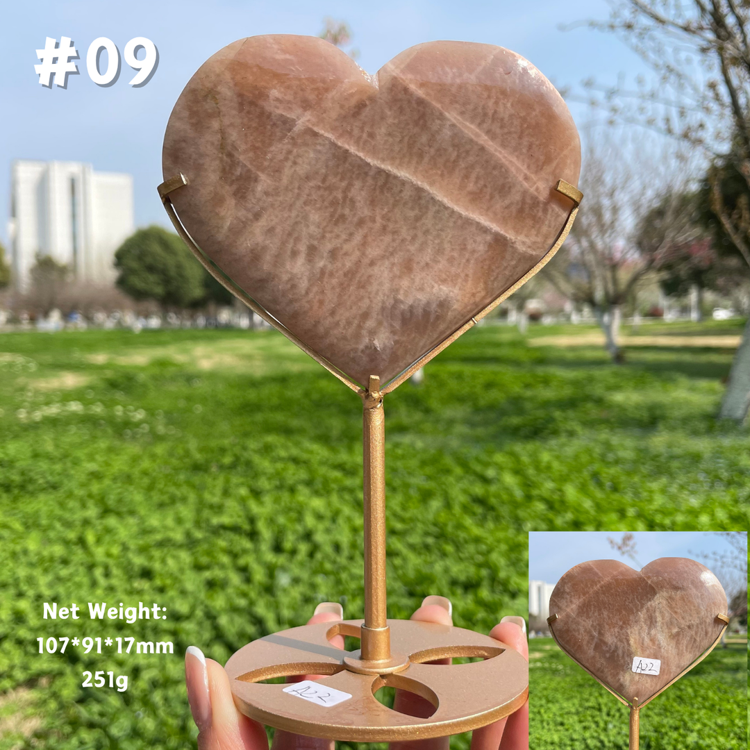 Unique,Natural Peach Moonstone Crystal Heart On Stand