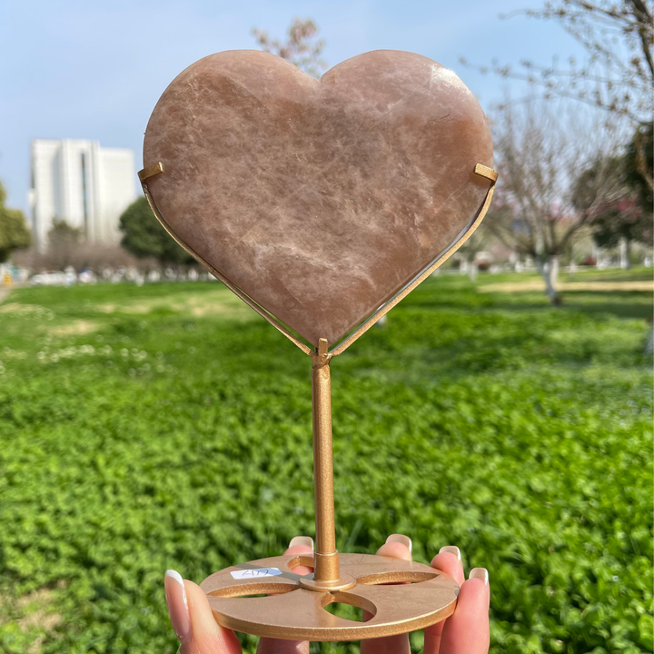 Unique,Natural Peach Moonstone Crystal Heart On Stand