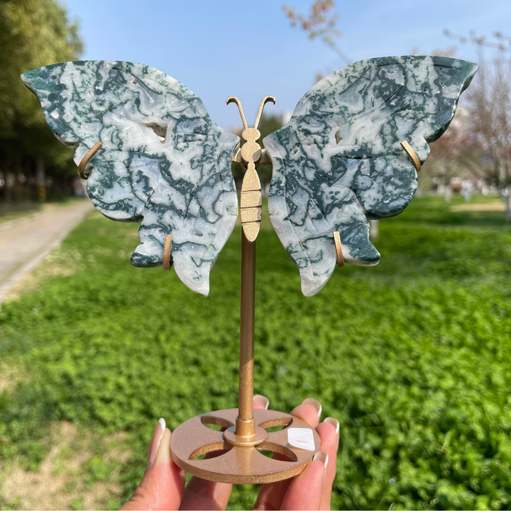 Unique,Natural Moss Agate Crystal Butterfly Wings