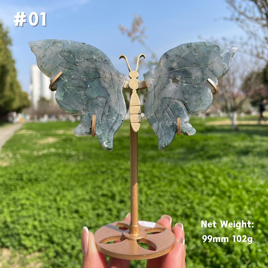 Unique,Natural Moss Agate Crystal Butterfly Wings
