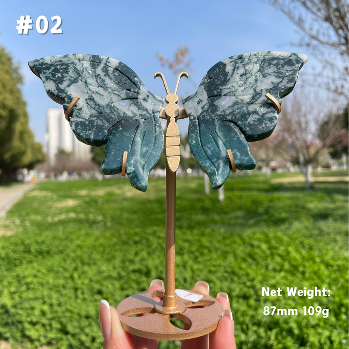 Unique,Natural Moss Agate Crystal Butterfly Wings