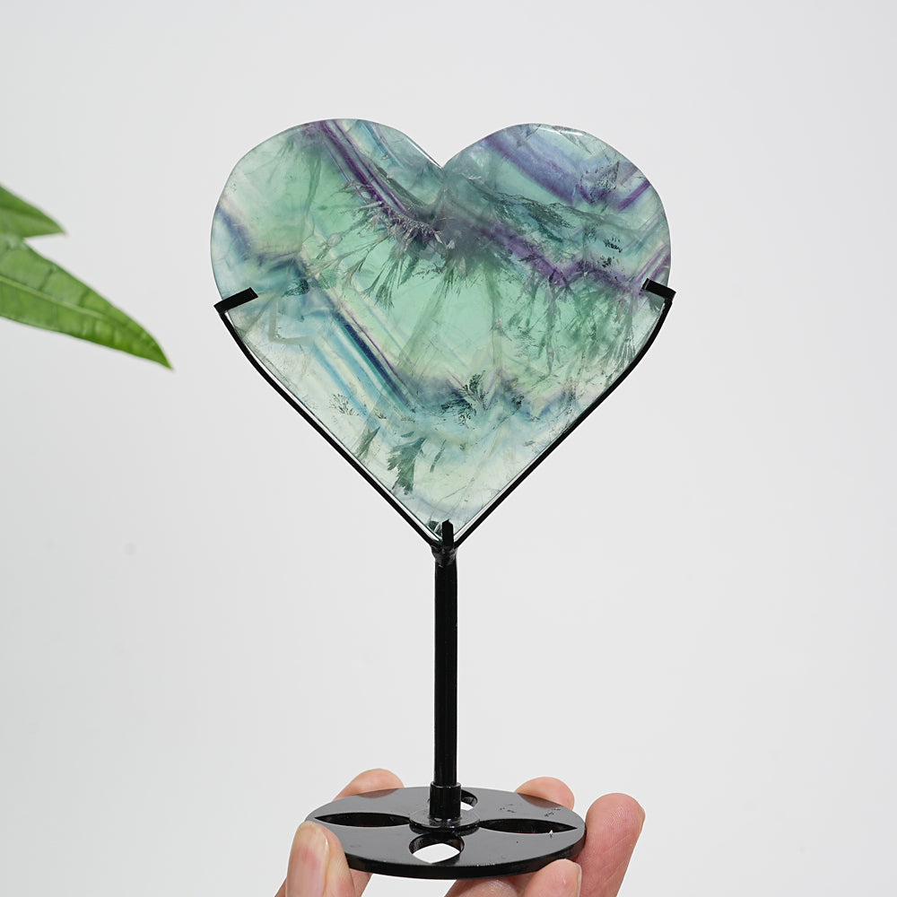 Unique,Natural Crystal Feather Fluorite Heart With Stand