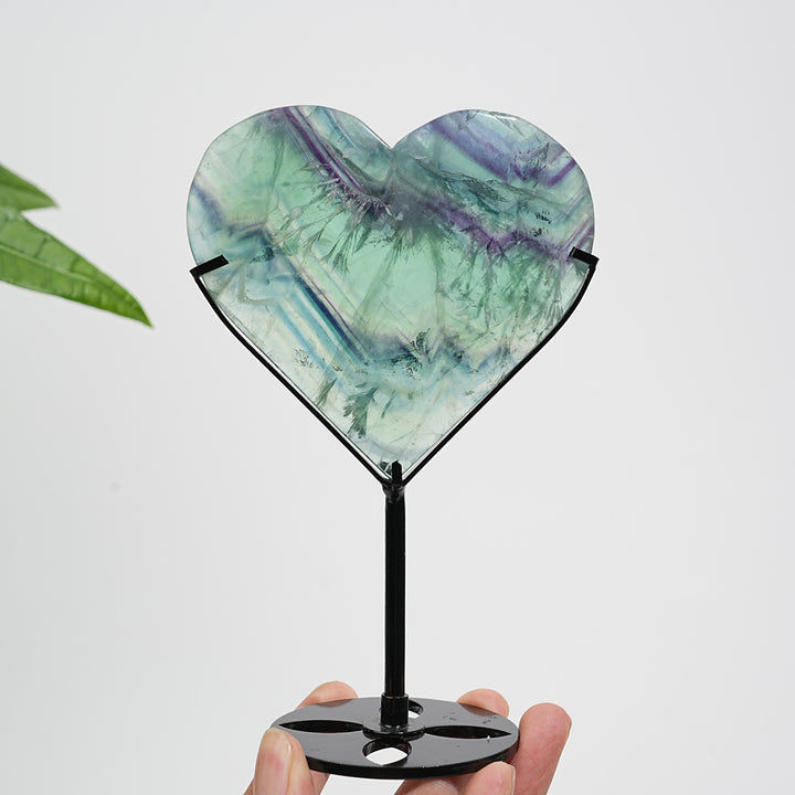 Unique,Natural Crystal Feather Fluorite Heart With Stand