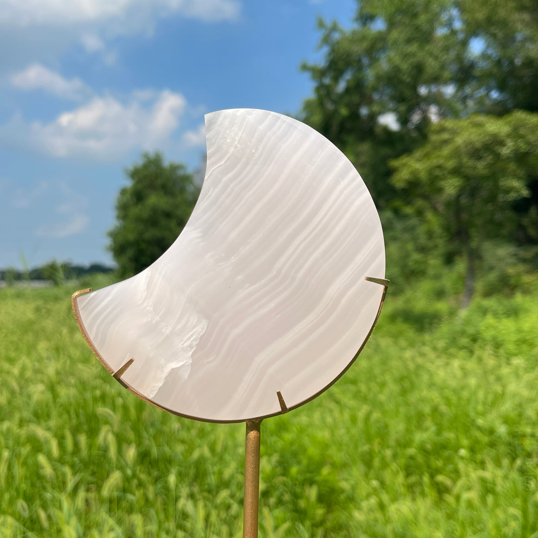 Unique,Natural Crystal Pink Calcite Moon With Stand