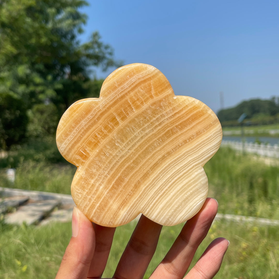Unique,Natural Crystal Yellow Calcite Flower Bowl Carving