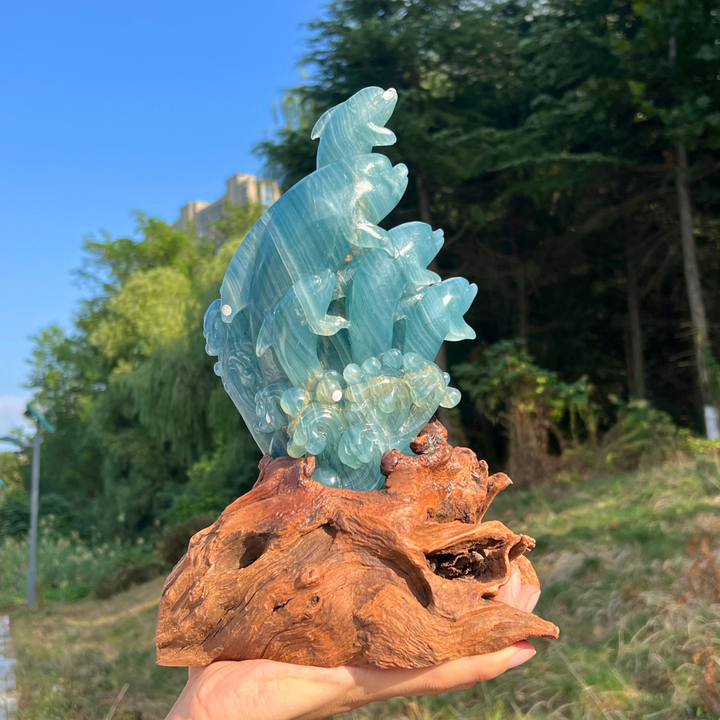 Unique,Imperfect Lemurian Aquatine Calcite Dolphin With Stand
