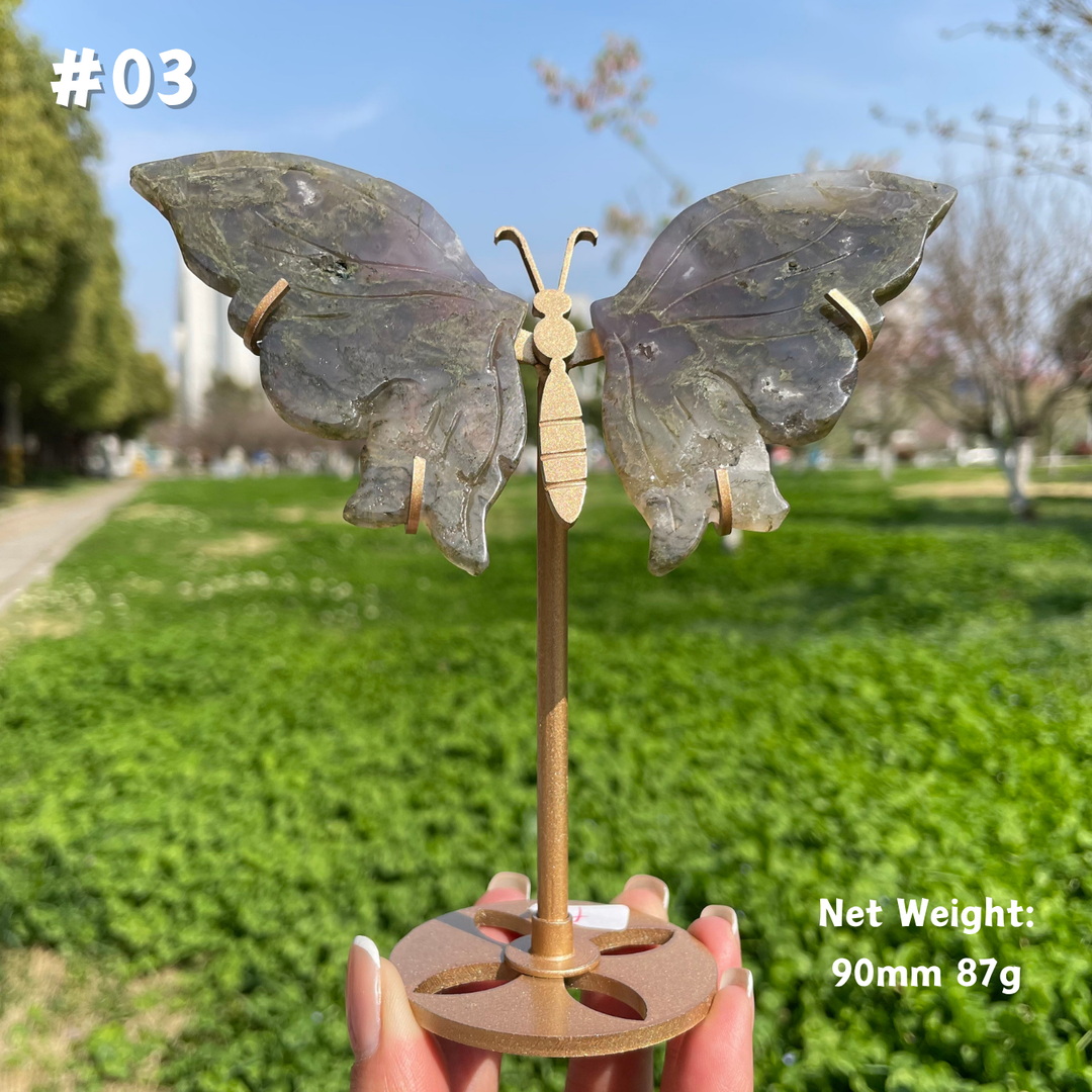Unique,Natural Moss Agate Crystal Butterfly Wings